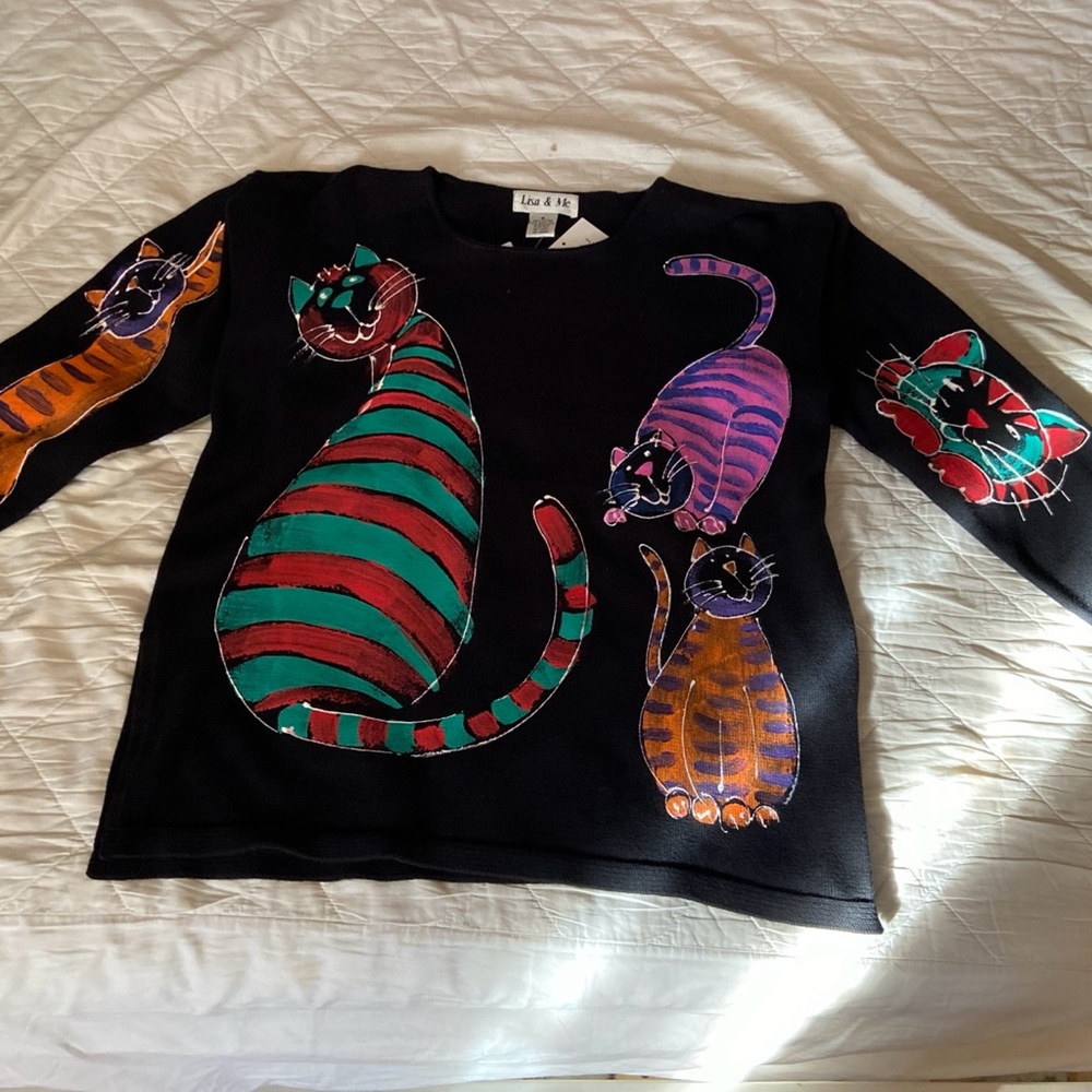 Lisa & Me Cat Graphic Sweater - Black and Multicolor Small